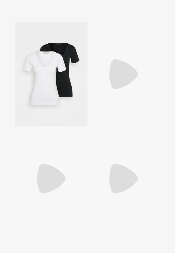 Two fitted short-sleeve V-neck T-shirts, one white in front and one black behind, displayed on a plain light background.; Vero Moda Tall VMALVA WIDE - Trousers - black; Black leather slingback heeled shoe with a pointed toe and a chunky block heel. Features an adjustable strap with a metal buckle.; Black leather handbag with a smooth texture. Features an adjustable strap and a sleek, minimalistic design with a zip closure.