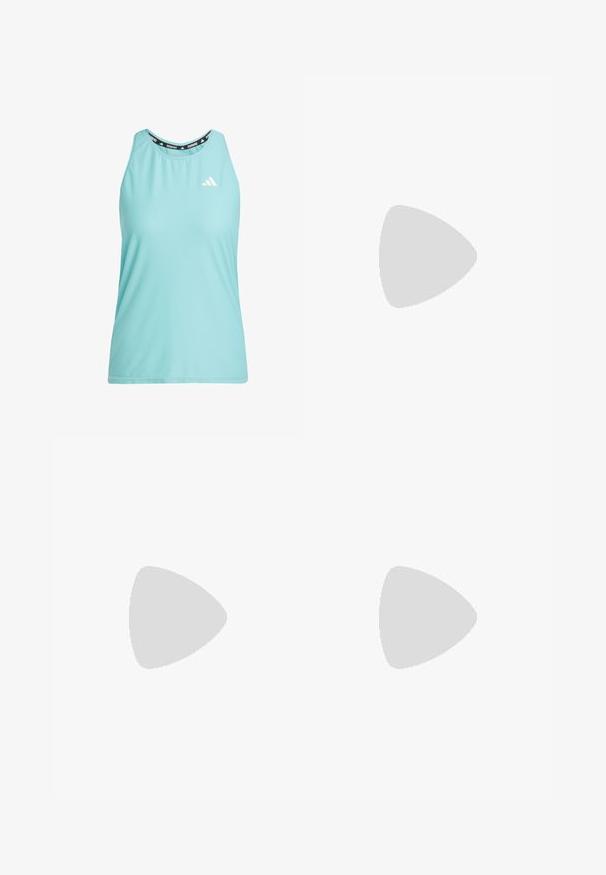 Top sportiv de culoare albastru deschis, cu textură din plasă, decolteu rotunjit și guler negru cu brand. Are un logo alb pe partea din față.; Pantaloni scurți de alergare albaștri cu un imprimeu subtil de leopard, talie elastică și trei dungi albe pe fiecare side.; Pantofii sport albi cu dungi albastre, partea superioară texturată, talpăplată și branding "LIGHTSTRIKE PRO" pe lateral. Design cu profil jos.; Ochelari de soare negri Oakley, cu lentile întunecate dreptunghiulare și brațe curbate, pe un fundal alb simplu.