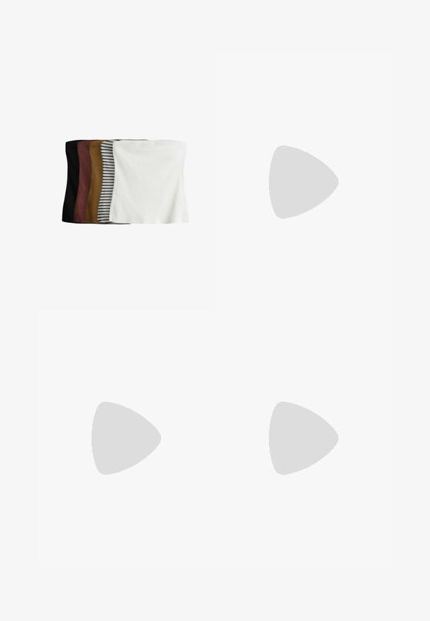 Set aus fünf Crop-Tops: schwarz, dunkelbraun, olivgrün, beige mit weißen Streifen und weiß. Aus geripptem Stoff, nahtloses Design, elastische Passform.; Hellbeige, knöchellange Rock mit einem elastischen Bund. Verfügt über vertikale Nadelstreifen und einen fließenden, strukturierten Stoff.; Schwarze Lederstiefel bis zum Knie mit einem lässigen Design, spitzem Zehenbereich und dünnem Stiletto-Absatz. Sie verfügen über eine glatte Textur und minimale Akzente.; Graue Lederhandtasche mit doppelten Griffen, rechteckiger Form, glatter Textur und minimalistischem Design. Verfügt über flache Seitenpaneele und subtile Nähte.