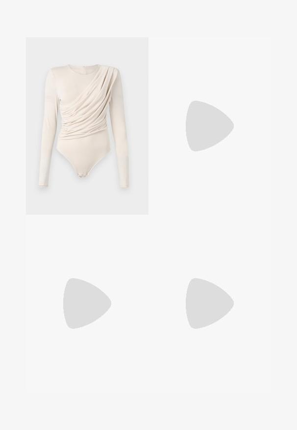 Beige long-sleeve bodysuit with draped front, smooth texture, and snap closure at the bottom. Elegant and fitted design.; Wide-leg trousers in dark green fabric, featuring pleats at the waist. Smooth texture with a flowing silhouette. No visible hardware or patterns.; Paul Smith TOPANGA - Ballet pumps - black; Brown leather handbag with a flap closure, gold-tone hardware, a shoulder strap, and a smooth texture. Compact rectangular shape.