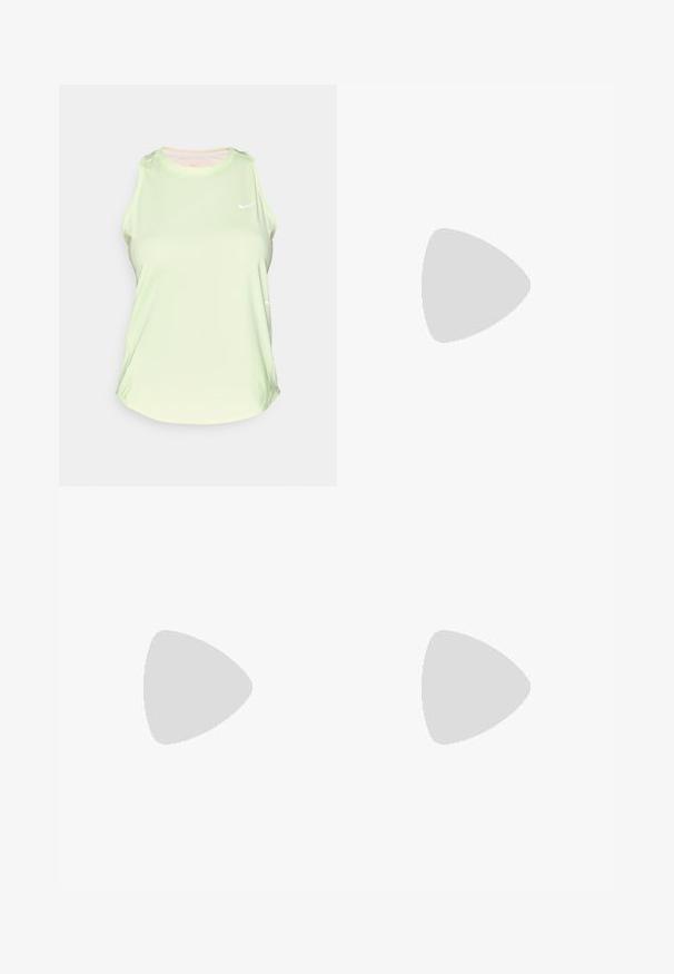 Haut de sport sans manches vert clair en tissu lisse, avec un col rond et un petit logo blanc sur la poitrine.; Shorts de sport jaunes avec une taille élastique et un petit logo gris en bas à droite. Tissu lisse, léger et coupe courte.; Chaussure de course violette avec une tige en textile respirant, un col rembourré, une semelle intercalaire épaisse et une semelle extérieure en caoutchouc texturé.; Lunettes de soleil Nike Course avec une monture transparente pêche, des accents bleus et des verres irisés. Design angulaire avec une esthétique sportive.