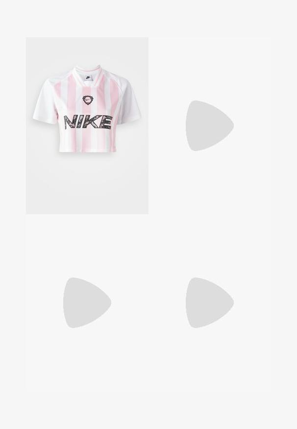 Maillot Nike court avec des rayures verticales roses et blanches, des manches courtes, et un logo noir sur le devant avec un motif graphique.; Shorts blancs avec cordon de serrage et bordures orange. Présente un logo graphique en bleu et rouge. Tissu doux avec un design décontracté.; Baskets Nike blanches avec des accents noirs, présentant un dessus en cuir lisse, des lacets blancs et des semelles en caoutchouc robustes, associées à des chaussettes blanches à côtes.; Sac banane noir en nylon avec fermeture éclair, arborant un grand logo blanc de Nike. Texture lisse et design ergonomique pour un port confortable.