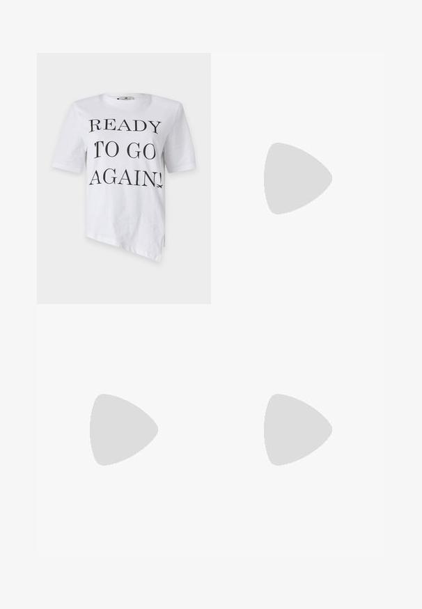 White t-shirt with short sleeves featuring black print that reads "READY TO GO AGAIN!" and an airplane graphic on the lower right.; High-waisted black flared trousers with front seam details and two gold-buttoned flap pockets at the waist.; Black leather heeled sandal with a square toe, ankle strap featuring a gold buckle, and a slender metallic heel. Smooth texture, minimalist design.; Beige leather handbag with a structured, triangular shape, featuring a silver chain handle and a cursive logo in metal.