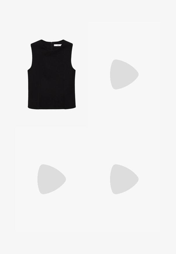 Top senza maniche nero realizzato in tessuto morbido con scollo rotondo, dotato di una zip centrale sul retro e cuciture laterali sottili per definire la forma.; Pantaloni neri a gamba larga con pieghe, caratterizzati da una texture liscia e un design a vita alta. Stile minimalista, senza hardware o decorazioni visibili.; Sandalo metallico argento con due cinturini regolabili, suola in sughero e suola bianca. Superficie superiore liscia con finitura lucida.; Borsa in pelle grigio chiaro con design a forma di U e manico metallico curvo. Texture liscia con cuciture minime e senza motivi visibili.