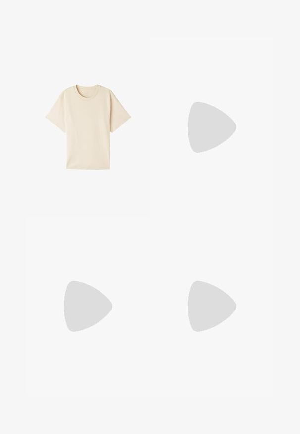Kurzarm-T-Shirt aus leichtem beigen Baumwollstoff, mit Rundhalsausschnitt und geradem Schnitt. Glatte Textur, minimalistisches Design, keine sichtbaren Logos.; Weiße Leinen-Shorts mit einem maßgeschneiderten Design, gefältelter Vorderseite und weiten Beinschlitzen. Glatte Textur und eine Länge bis zur Mitte des Oberschenkels.; Schwarze Plateau-High Heels mit spitzem Zeh und verstellbarem Knöchelriemen. Gefertigt aus glattem Leder und mit einem klobigen Blockabsatz.; Schwarze Laptoptasche aus Leder mit glatter Textur, rechteckiger Form und zwei langen Griffen. Keine sichtbaren Beschläge oder Verzierungen.