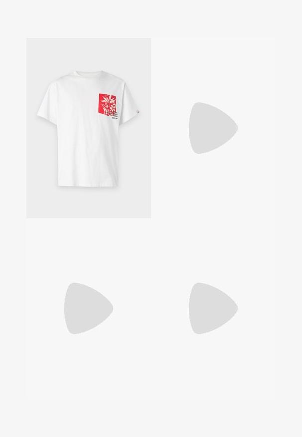 T-shirt bianco in cotone con taschino rosso decorato con un design floreale e testo. Maniche corte, collo rotondo e vestibilità morbida.; Shorts in cotone beige con vita elastica e lacci. Presentano tasche laterali e un design rilassato a taglio dritto.; Mocassini beige chiaro con punta affusolata, materiale liscio, una fascia sulla tomaia e una suola bassa marrone. Design semplice con accenti minimi.; Occhiali da sole tartarugati con montatura rettangolare, lenti marroni sfumate e astine nere eleganti con accenti logotipo sottili.