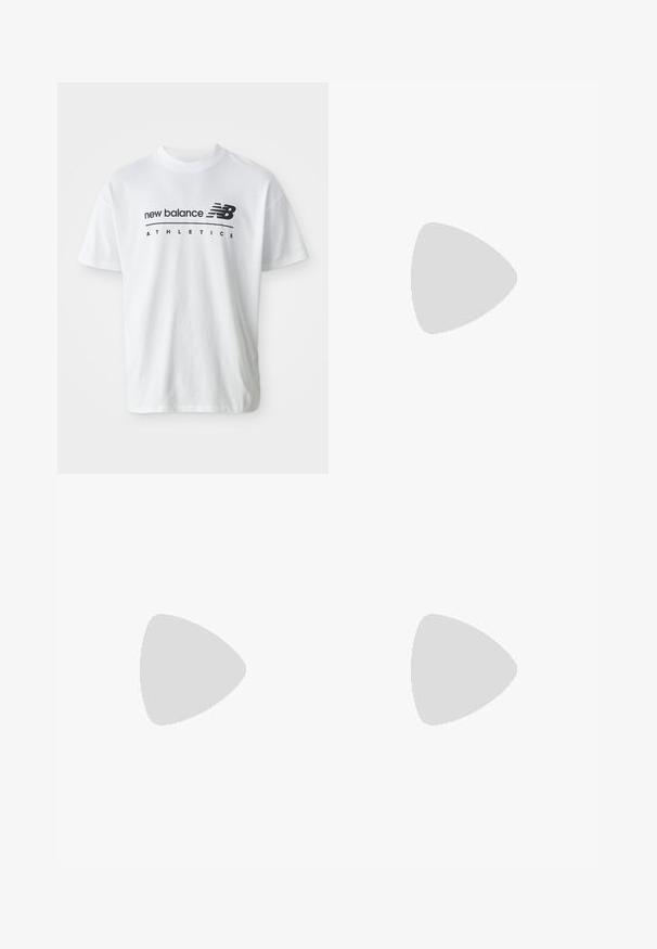 Hvid bomulds T-shirt med sort "new balance" og "ATHLETICS" tekst, korte ærmer og rund hals.; Volcom SINGLE STONE - Træningsbukser - black; Sorte løbesko med en blanding af mesh og syntetiske materialer, kraftig sål, buet design og fremtrædende branding på siden.; Hvide plast solbriller med store ovale linser, gråtonede. Har sorte øre greb og et lille logo på rammen. Glat overflade.