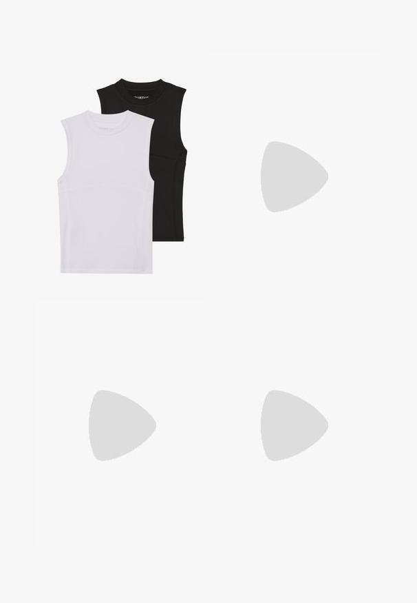 Divi bezpiedurkņu sporta topi, viens balts un otrs melns, izgatavoti no elastīga auduma ar noapaļotiem kakla izgriezumiem un redzamām šuvju detaļām.; Baltas, viegls kokvilnas joggers ar elastīgu jostu, aukliņu aizdari un brīvu piegriezumu. Gluda tekstūra bez rakstiem vai akcentiem.; Brūni ādas loaferi ar mokasīnu stila augšdaļu, teksturētām šuvēm un izturīgu zoli ar multidirekcijas protektoriem.; Tortiņdāmas taisnstūra formas briļļu rāmis ar caurspīdīgām lēcām, ar spīdīgu apdari un šaurām kājām, ar izteiksmīgu rakstu visā virsmā.