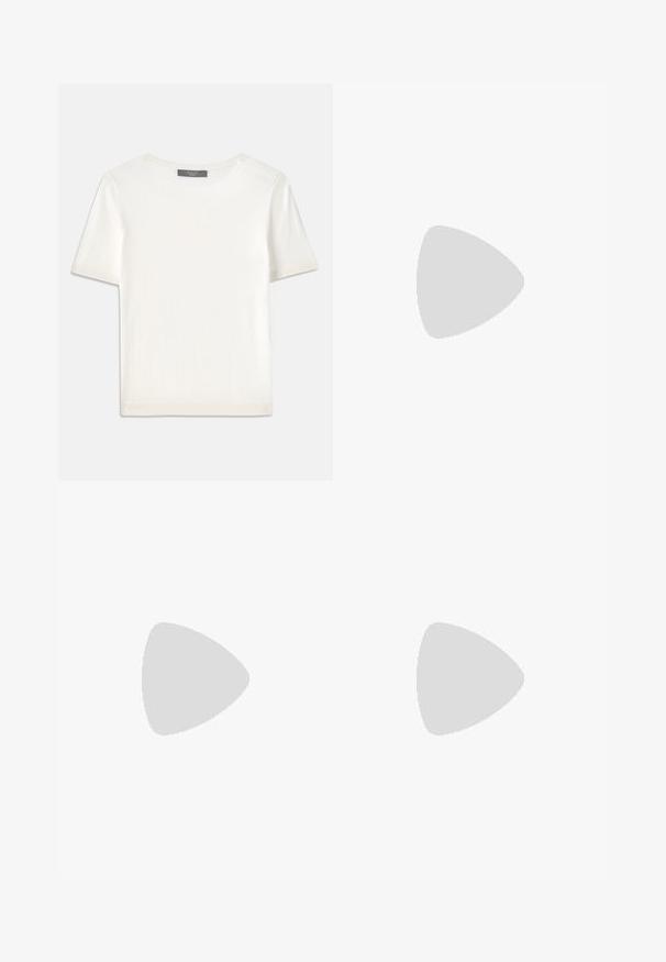 White short-sleeve knit top with a round neckline, featuring a smooth texture and subtle ribbed accents at sleeves and hem.; Khaki pleated skirt with a high waistband, made of cotton. Features a flowy design and hem finishes with subtle stitching details.; Black leather high heel shoe with a pointed toe and a round, balled heel. Smooth texture with a sleek, minimal design.; Brown leather shoulder bag with a curved shape, smooth texture, and a single thin strap. Features a subtle seam and a small logo detail.