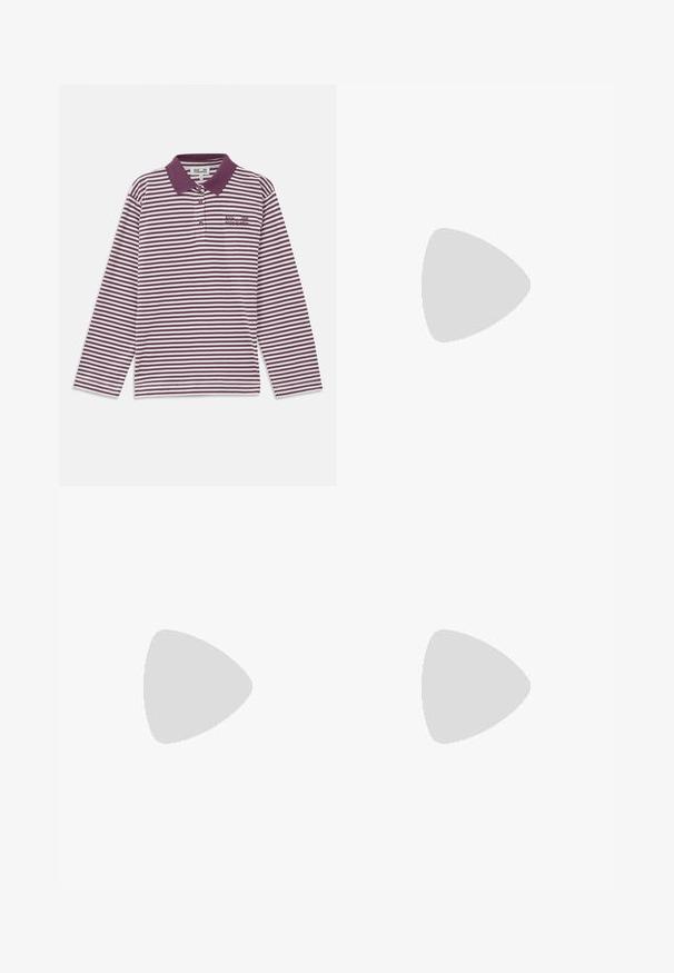 Sarkans un balts svītrains polo krekls ar garām piedurknēm, ietverot apkakli, trīs pogu aizdari un izšūtu logotipu uz krūts.; Melna un krēmkrāsas svītraina adīta svārku kleita, pieguloša forma ar ribota jostasvietu. Horizontālas svītras mainās platumā, radot vizuālu tekstūru.; New Balance tenissoles ar jūras spēka krāsas sietu un ādas augšdaļu, pelēkiem akcentiem, baltu logotipu, mīkstu zoli un teksturētām detaļām.; Burgundijas krāsas ādas rokassoma ar trīsstūra formu, atvērta augšdaļa un izsieta detaļa gar rokturi. Gluda tekstūra ar matētu apdari.