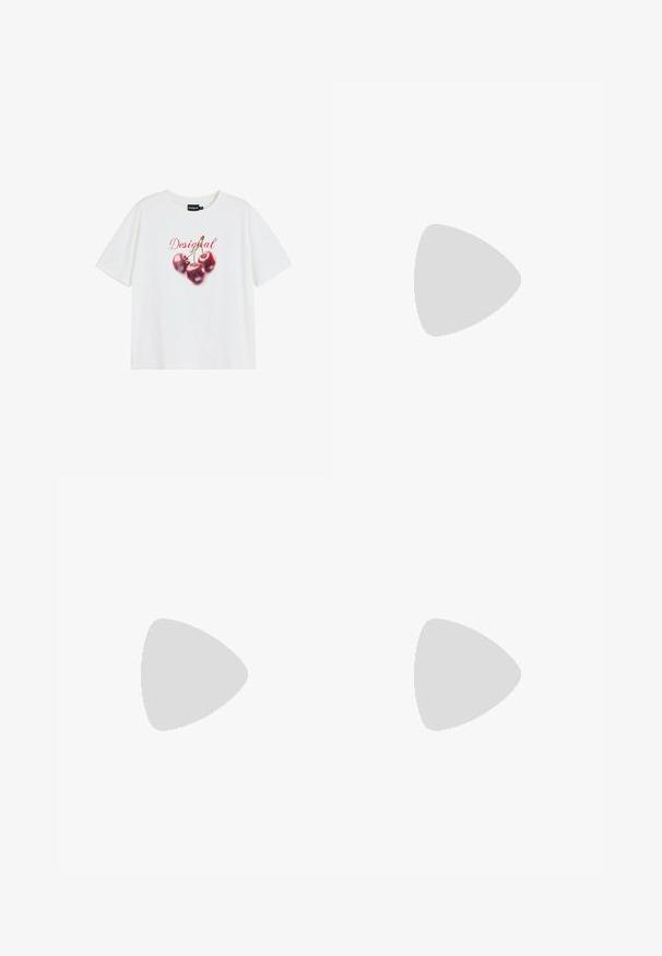 T-shirt en coton blanc avec un motif de trois cerises rouges au fini brillant et le mot "Desigual" en rouge en dessous des cerises.; Jean large bleu clair en denim. Comprend une fermeture éclair à l'avant, cinq poches et des accents en métal argenté.; Sandales en cuir marron avec des brides croisées, semelles plates et talon légèrement surélevé. Texture douce et design minimaliste.; Sac en denim bleu foncé avec une forme douce et flasque, doté d'une anse de style hobo et d'une surface texturée. Aucune accent matériel visible.