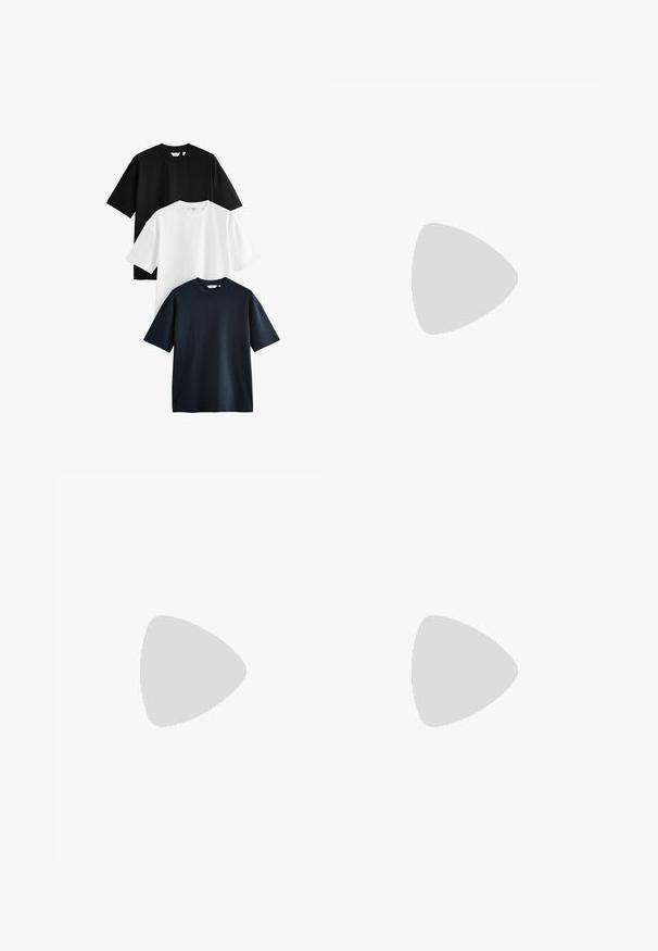 Trīs īsām piedurknēm T-krekli salikti: viens melns, viens balts un viens zilais. Izgatavoti no kokvilnas ar apaļu kakla izgriezumu un brīvu piegriezumu.; Next REGULAR FIT -CHECK SMART - Chinos tipa bikses - black; Melnas ādas šņorējamas kurpes ar noapaļotu purngalu, biezs melns platformas zole un dekoratīva izšūšana pa malu. Gluda tekstūra.; Melnas saulesbrilles ar taisnstūra formu, tumšiem stenģiem, sudraba akcentiem pie tempļiem un matētu apdari uz rāmja.