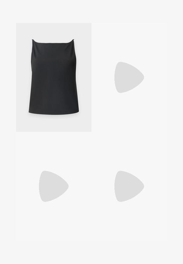 Black tank top with a ribbed texture, featuring a straight neckline, thin straps, and a relaxed fit. No visible hardware or patterns.; Black denim jeans with a straight-leg cut, featuring a subtle distressed texture, button closure, and front pockets.; Black leather high heel shoe with a pointed toe, smooth texture, and a tapered heel. Minimalist design, no additional embellishments.; Black leather handbag with a structured design, featuring a cropped shape, top handle, and gold hardware accent. Adjustable shoulder strap included.