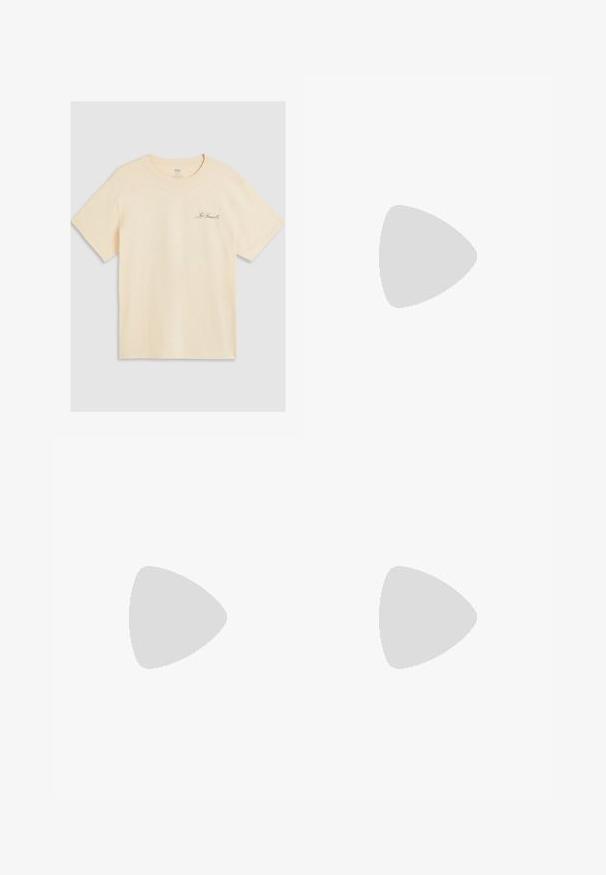 T-shirt en coton couleur crème avec des manches courtes, un col rond et un petit logo brodé sur la poitrine gauche.; Shorts en lin gris avec une taille élastique et un cordon de serrage. Comprend des poches latérales et une coupe décontractée, avec une texture subtile.; Baskets blanches sans lacets avec une surface texturée, une semelle épaisse et un design minimaliste. Présente le logo de la marque sur le côté.; Lunettes de soleil noires de forme rectangulaire, verres foncés, accents argentés aux tempes et finition mate sur la monture.