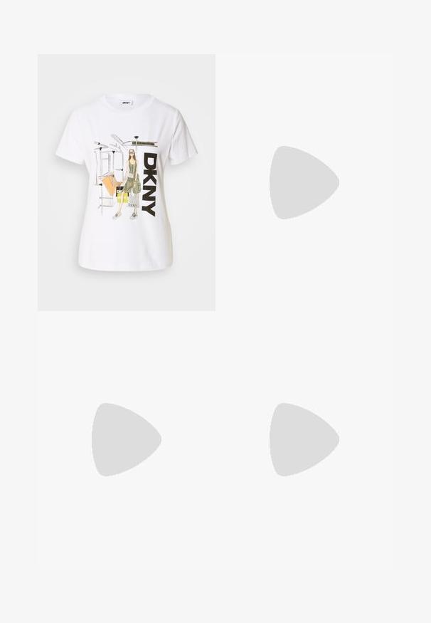 Witte katoen t-shirt met een grafische illustratie van een vrouw, "DKNY" tekst en elementen van de New Yorkse metro. Casual pasvorm, korte mouwen.; Zwarte pailletten wijde broek met een gladde textuur en een hoge taille, die het licht reflecteert met een glanzende afwerking.; Zwarte gepatenteerde enkelboot met een chunky hak, elastische zijkanten, decoratieve riem en contrasterende stiksels. Gladde textuur met een glanzende afwerking.; Zilveren oorringen met een gladde, gebogen vorm. Voorzien van een glanzende metallic afwerking en studsluiting. Geen zichtbare patronen of accenten.
