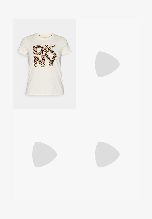 Krémové tričko s krátkym rukávom s výraznou, stylizovanou čiernou a leopardou potlačou "DKNY" na prednej strane. Mäkkučký materiál; casual dizajn.; Tyrkysové široké nohavice vyrobené z textúrovaného pleteného materiálu, s elastickým pásom a šnúrkou na úpravu.; Biele kožené tenisky s textúrovaným hadím vzorom, béžovými šnúrkami a šedou podrážkou. Obsahuje logo na boku a vzorované detaily.; Hnedá kožená crossbody taška s logom, zlatým reťazcom, zipsovým uzáverom a zlatými prvkami. Kompaktnej a obdĺžnikovej forme.