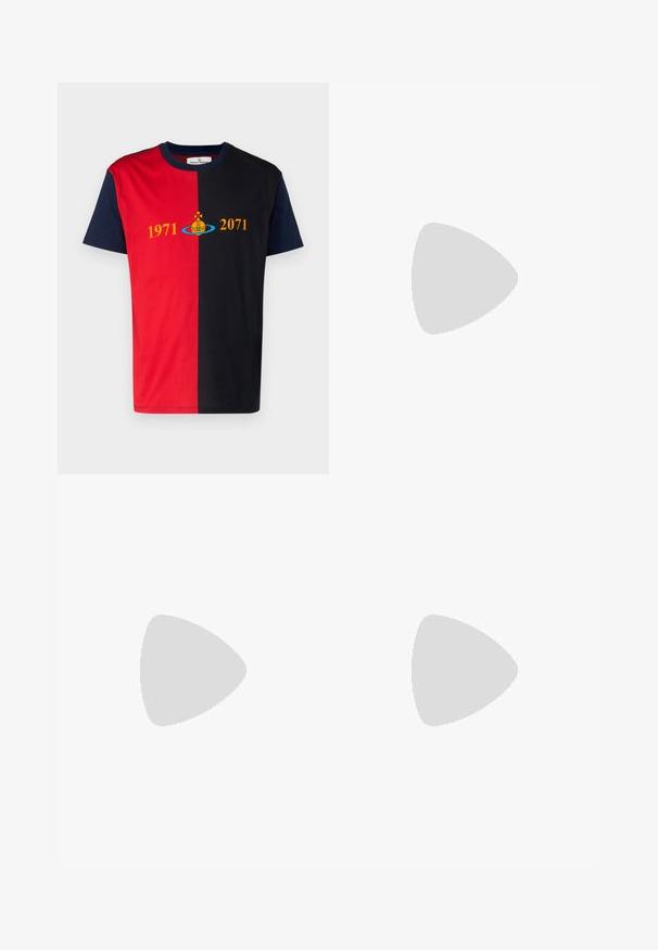 T-krekls ar īsām piedurknēm, kas izceļas ar sadalītu dizainu sarkanā un tumši zilā krāsā, rotāts ar dzeltenu tekstu "1971" un "2071" un grafisku logo.; Melna bezpiedurkņu krekls, kamuflāžas cargo šorti ar kabatām, ar auklām apakšmalās un melna josta. Baltas sporta kedas pabeidz izskatu uz neitrāla fona.; Baltas sporta apavi ar teksturētām detaļām, masīvu zoli un pelēkiem akcentiem. Valkāti ar baltiem zeķu pēdu apģērbiem un zaļām šortiem uz zilas virsmas.; Melna ādas sūtījumu soma ar strukturētu virsmu, metāla detaļu akcentiem, regulējamu siksnu un klapanu ar sprādžu detaļām.