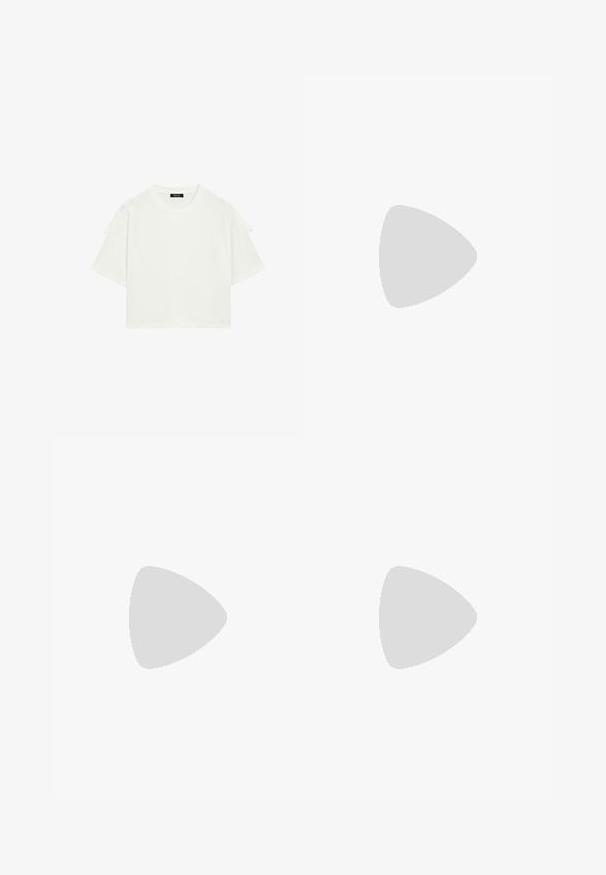 White cropped t-shirt made of cotton, featuring a round neckline, short sleeves with adjustable ties on shoulders, and a relaxed fit.; Light gray wide-leg trousers made of a textured fabric, featuring a button closure and two pleats at the front for added detail.; Dark brown leather loafers with a flat sole, featuring a woven design on the front and a smooth texture. Subtle stitching detail along the edges.; Black sunglasses with rectangular frames, blue-tinted lenses, and a distinctive bridge design. Sleek finish, understated texture.; Black leather handbag with dual shoulder straps, rectangular shape, and minimalistic design on a white background.