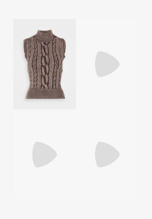 Pull en maille marron sans manches avec un col haut, présentant des motifs de câble sur le devant et un ourlet côtelé pour ajouter texture et détail.; Tissu en denim à motif léopard avec des tons noirs et beige, rivets en métal, poches cousues et une conception de taille structurée.; RAID TENBY - Bottes - brown; Furla DELIZIA MINI SHOULDER BAG - Sac à main - cioccolato