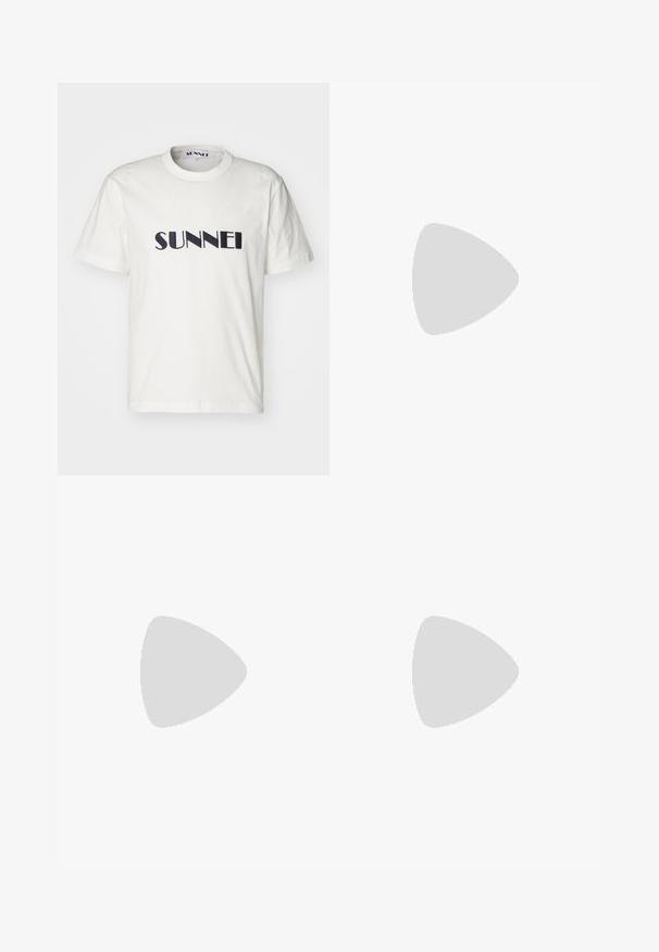 White cotton T-shirt with short sleeves and a round neck, featuring a black logo print "SUNNEI" on the front. Plain design, relaxed fit.; Blue denim jeans with a straight-leg cut, featuring five pockets, a front button closure, and subtle fading along the legs.; Black leather loafers with a smooth texture, rounded toe, and a decorative strap across the vamp. Low stacked heel, minimalist design.; Black leather crossbody bag with a zippered front pocket, embossed logo, and adjustable strap. Smooth texture with a structured shape.