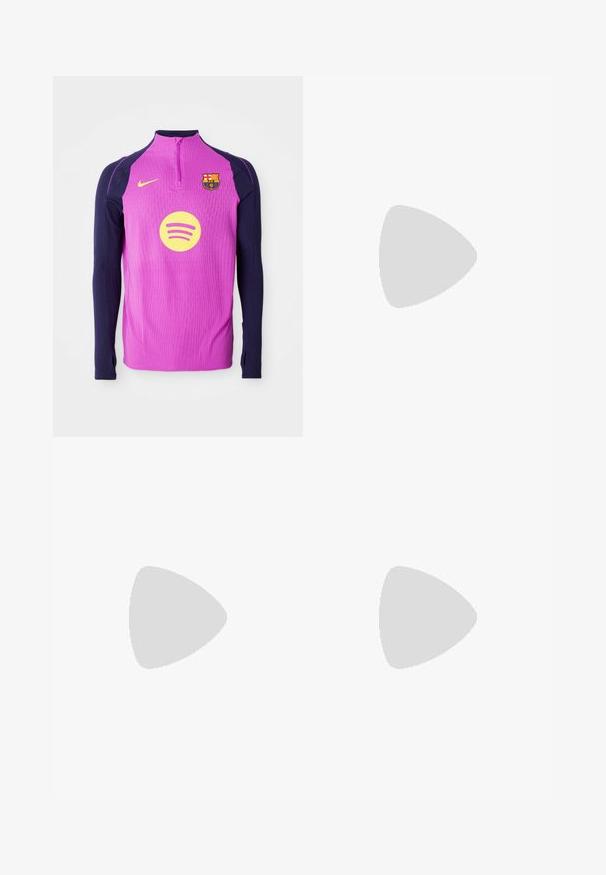 Purple long-sleeve athletic top with navy sleeves, zip neckline, ribbed texture, Barcelona club badge, and circular yellow Spotify logo.; Green cotton shorts with an elastic waistband and adjustable drawstring. Features side pockets and a relaxed fit. Smooth texture.; Gray athletic shoe featuring a mesh and suede upper, white accents, a cushioned sole, and a distinctive design with reflective elements.; Three-layered silver metal necklace featuring sleek, flexible chains with a slight sheen, secured with a lobster clasp and adjustable chain.