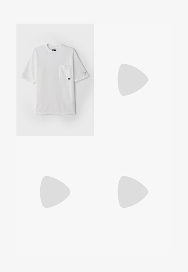 White short-sleeve t-shirt made of cotton with a patch pocket on the left chest, featuring a brand label and subtle logo on the sleeve.; Light blue denim jeans with straight leg design, featuring a mid-rise waist, five pockets, and a button and zipper closure.; Brown leather boot with black textile collar, lace-up design, white rubber sole, and contrasting stitching detail.; Orange nylon pouch with a black mesh panel, featuring a zip closure, colorful drawstrings, and a patterned strap. Size is compact and rectangular.