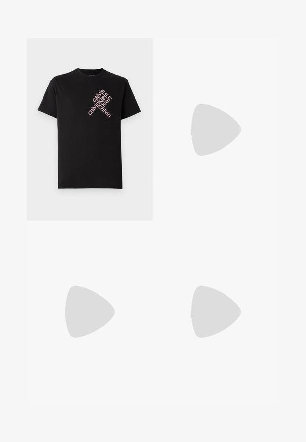 T-shirt preto em algodão com impressão diagonal do logotipo "calvin klein" em rosa na parte frontal. Mangas curtas e decote redondo.; Calças de ganga curtas em azul claro com um discreto padrão de leopardo, apresentando uma cintura clássica, ilhós para o cinto e bolsos frontais.; Sapata slip-on de couro preto com biqueira arredondada, detalhes cosidos e sola de borracha preta. Textura suave com design minimalista.; Pasta em couro preto com um acabamento texturizado, duas alças, alça de ombro destacável e um detalhe do logótipo na parte frontal. Fecho com zíper.