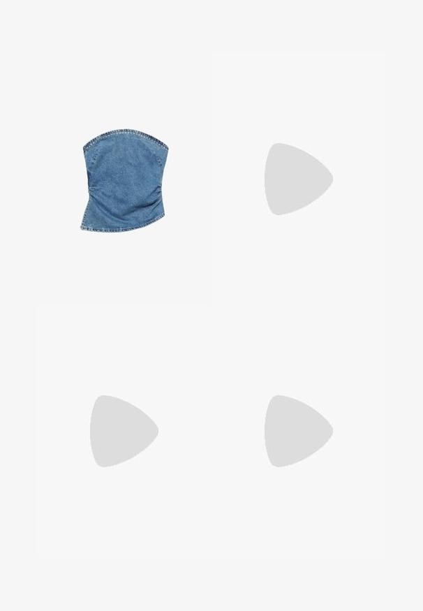 Denim bustier top z značilno ukrivljeno obliko, svetlo modre barve, nabranim teksturo in dekorativnim šivom ob vratu.; Svetlo bež krilo z delovnimi žepi, elastičnim pasom in vrvico, ki se ponaša z dvema stranskima žepoma in ravno krojenjem. Gladka tekstura materiala.; Črne visokotopne platnene teniske z belimi vezalkami in gumijastimi podplati, ki imajo okroglo Converse All Star oznako na zunanji strani.; Črne sončna očala ovalne oblike s temnimi lečami. Eleganten plastični okvir z teksturiranimi poudarki na ročajih. Blagovna znamka na strani.; Even&Odd Torba za nakupovanje - black
