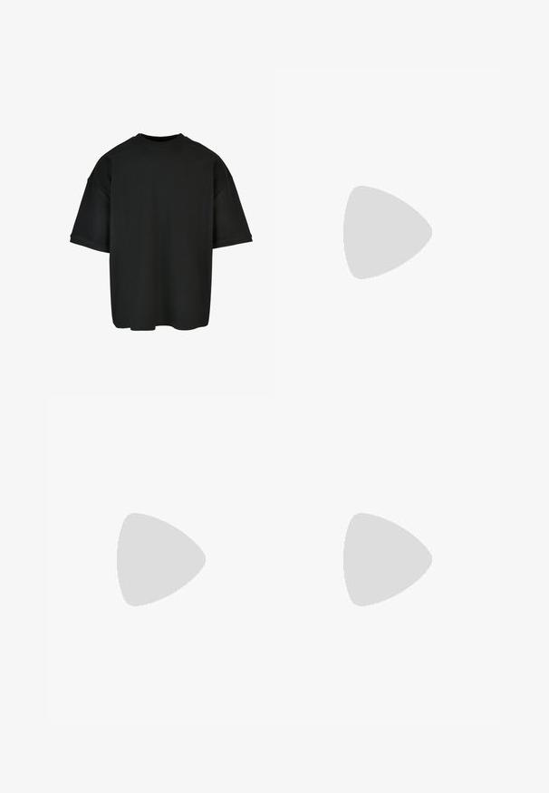 Black oversized t-shirt made of ribbed fabric. Round neck, short sleeves, and a relaxed fit with a straight hem. Simple and versatile design.; Dark gray denim trousers with a loose fit, featuring subtle mottled patterns and metal hardware accents. Five-pocket design.; Black athletic shoes with mesh and rubber accents. Worn with light grey wide-leg jeans and a plaid green top. Flat surface background.; Black messenger bag made of smooth material, featuring a fold-over flap, silver clasp hardware, and an adjustable shoulder strap.