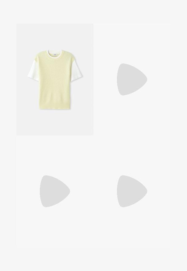 Pull à manches courtes en tricot featuring un devant jaune clair texturé et des manches blanches. Encolure et ourlet côtelés avec un motif géométrique subtil.; Pantalon en crochet jaune avec un motif floral, coupe large, et une taille élastique avec un design en maille ouverte texturée.; Chaussures en cuir noir avec détails de brogue, dotées de deux sangles à boucle, d'un bout arrondi et d'un talon bas. Texture lisse avec finition brillante.; Sac à main en cuir noir avec une silhouette arrondie, une courte bandoulière, un matériel doré central et une texture lisse. Aucun motif ni accent visible.