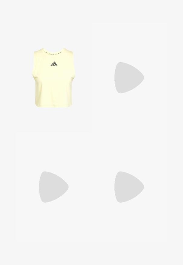 Skåret ermeløs topp laget av myk gul stoff med rund hals og mørk grå Adidas-logo på brystet. Glatt tekstur.; adidas Performance TECHFIT SHORT - Tights - semi spark; Lettvektsidrettssko med et kremfarget mesh-overdel, grå striper, en grønn detalj og en teksturert blå hæl. Svarte lisser.; Hvite solbriller med brune linser, oval form, laget av glatt plast, med grå detaljer på armene og en logo på rammen.