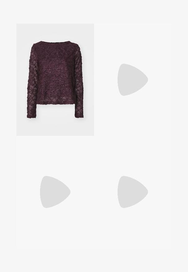 Long-sleeve sheer top in deep purple, featuring a textured pattern with shimmering accents. Straight hem and wide neckline.; Black leather wide-leg pants with an elastic waistband and adjustable drawstring; smooth texture with a clean, minimalist design.; Black patent leather high-heeled sandals with three horizontal straps and an adjustable ankle strap. Sleek silhouette and shiny finish.; Woman with long dark hair wearing a black suit, carrying a black leather shoulder bag, looking over her shoulder against a white background.