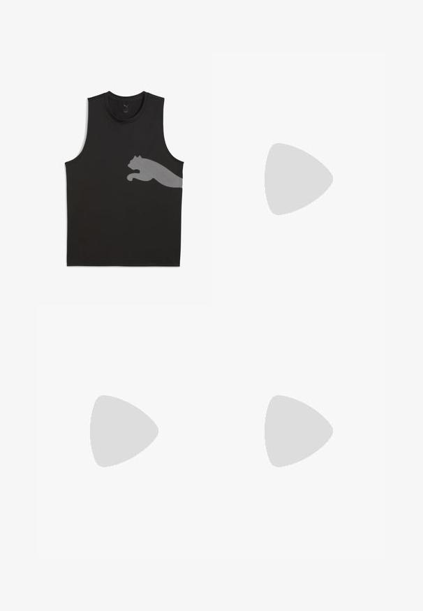 Čierny bezrukávový športový top vyrobený z hladkej tkaniny, s reflexným logom Puma v svetlosivej farbe na ľavej strane.; Čierne športové šortky vyrobené z hladkého, elastického materiálu. Majú priliehavý strih, zosilnené švy a malé biele logo na dolnej ľavej strane.; Čierne atletické topánky s sieťovinou, bielou podrážkou a čiernymi akcentmi. Podošva má textúrovaný vzor. Nosia sa s čiernymi nohavicami na modrom kobercovom povrchu.; Čierne slnečné okuliare s okrúhlym, mierne vlnitým rámom, tmavými šošovkami a rovnými čiernymi nohami. Hladký, lesklý povrch bez viditeľných vzorov.