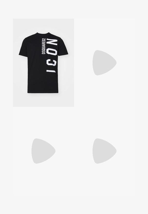 Black cotton t-shirt featuring bold white text design: "DSQUARED2" vertically and "ICON" horizontally on the side. Classic round neckline.; Dark navy blue wide-leg trousers made of cotton, featuring a front button closure and belt loops, with a smooth texture and no patterns.; White leather sneaker with a smooth finish, round toe, flat laces, and a textured sole. Features a subtle logo on the heel.; Black round sunglasses with dark lenses and slim metal arms. Includes clear temple tips and silver accents at the hinge. Minimalist design.