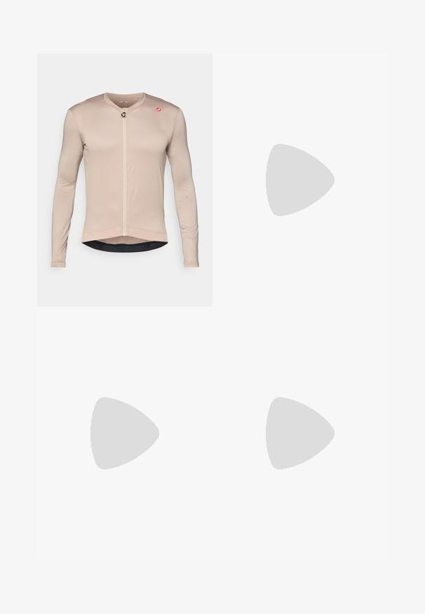 Long-sleeve cycling jersey in light beige, made from textured breathable fabric. Features a front zipper, logo accent, and contrasting hem.; Brown bib shorts with mesh suspenders, padded seat, and contrasting stitching. Smooth textured fabric, tailored fit for cycling.; Gray and white Nike sneakers with textured mesh upper, rubber sole, and lateral support. Positioned near a black exercise rope.; Nike duffel bag with a dark grey and black design, featuring a large white logo, two handles, and an adjustable shoulder strap.