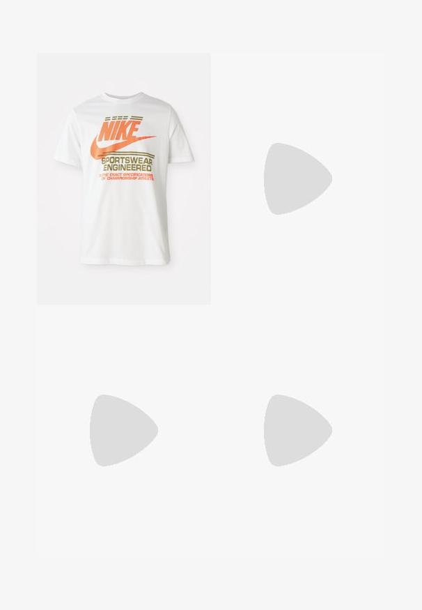 Bela bombažna majica s velikim oranžnim logotipom "NIKE" in zelenim napisom "SPORTSWEAR ENGINEERED" ter dodatnimi specifikacijami.; Rdeče prugaste trenirke z elastičnim pasom in vrvico. Imajo izvezeno besedilo "JUST DO IT" v oranžni barvi. Mehka tkanina z obliko ožjih hlačnic.; Svetlo modri športni copati s bež podplati, ki se ponašajo z izrazitimi turkiznimi vezalkami in rumenimi poudarki. Teksturne materiale in vidno zračno blaženje.; Črn nahrbtnik iz trpežne tkanine. Ima več žepov na zadrgo, vključno s sprednjim predelkom, ter področja z Velcro zaklopkami za pritrditev.