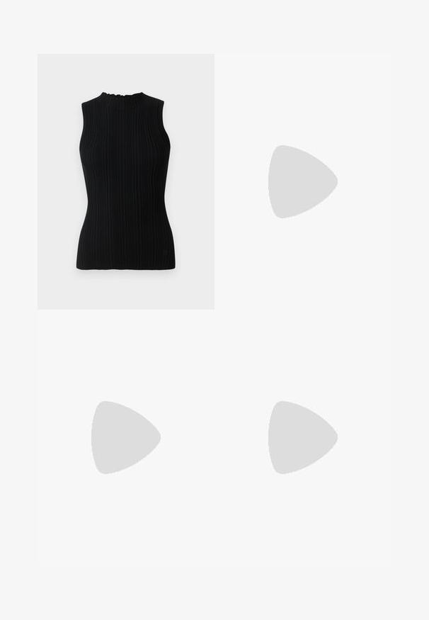 Top de punto negro sin mangas con una textura acanalada y cuello alto. Presenta una silueta ajustada y un diseño minimalista.; Pantalones cortos unisex de color gris oscuro con un diseño en capas, que presentan un panel superior y lazos en los lados. Fabricados en una tela suave y ligera.; Bota de cuero negra de tobillo con punta afilada, paneles laterales elásticos con ranuras verticales y un tacón bajo y cuadrado. Textura suave y diseño elegante.; Bolso de mano de cuero negro con forma curvada, cremallera plateada y un asa corta. Presenta un logotipo sutil en la parte frontal y una textura suave.; Pendientes de aro de plata con un acabado pulido y la marca DKNY, exhibidos sobre un fondo blanco liso.