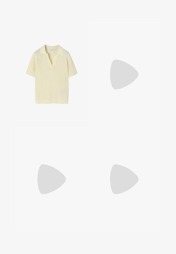 Polo shirt tricotat cu mânecă scurtă, galben, cu un decolteu în V adânc și textură ribbed. Are o margine dreaptă și este confecționat dintr-un material moale și ușor.; Fustă plisată florală dintr-un material ușor, având o combinație de nuanțe de roz, verde și violet. Se terminează sub genunchi, cu un brâu gathered.; Pantofi cu toc slingback din piele bej, cu vârf ascuțit, design cu laturi deschise și toc înalt subțire. Prezintă un accent auriu pe curea.; Geantă din piele artificială albă cu mânere scurte, curea de umăr ajustabilă și accente aurii; prezintă un logo subtil pe față.