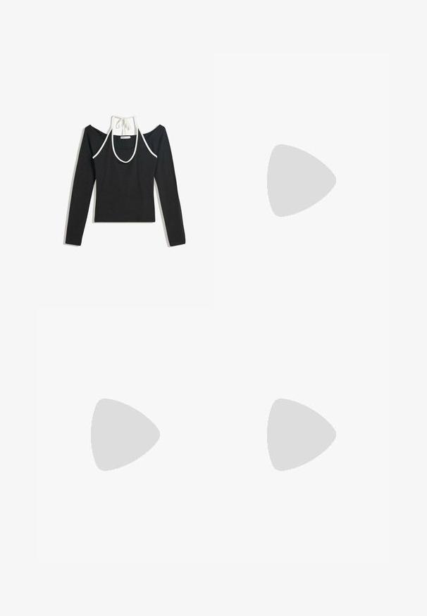 Black cold-shoulder long-sleeve top with a white halter neck strap tied at the back, laid flat on a white background.; Light blue denim jeans with a straight cut, high waist, two front pockets, and a classic button closure. Subtle fading and no embellishments.; Beige leather slingback shoes with a pointed toe, flat heel, dual strap design, metal buckles, and perforated detailing on the sides.; Beige leather handbag with a unique shape, featuring two short handles and a long adjustable strap. Smooth texture with minimal hardware.