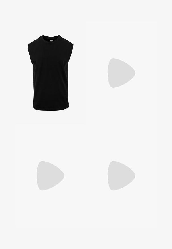 Black sleeveless t-shirt made of cotton, featuring a round neckline and a smooth texture with a straight cut. No visible patterns.; Black, wide-leg trousers with a high elastic waistband, featuring two side pockets and creased front detailing. Smooth fabric texture.; White leather sneaker with lace-up closure, textured surface, and a thick white rubber sole featuring a serrated edge for grip.; Metal-framed sunglasses with oval green lenses. Thin silver metal frame and black ear tips. Minimalist design, no visible logos.