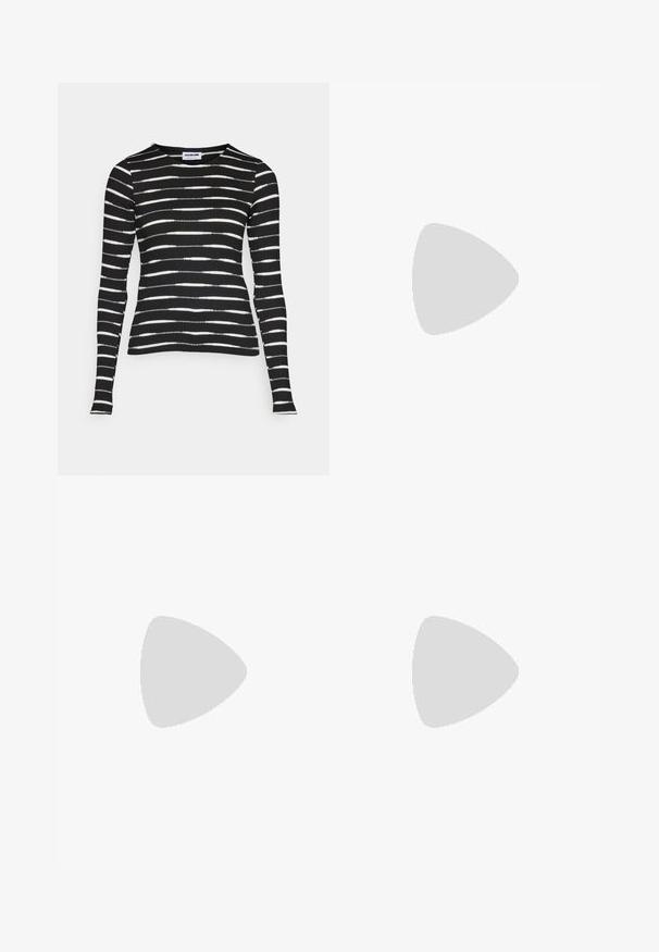 Juodas ilgomis rankovėmis palaidinės modelis su horizontaliomis baltomis juostelėmis. Įribojo tekstūra, apvali iškirptė, siaura forma ir tiesus apvadas.; BDG Urban Outfitters BATTERED VINTAGE LOGAN - Platėjantys džinsai - blue; Juodos zomšinės sportbačiai su baltais raišteliais, turintys išryškintą baltą šoninės juostą ir juodą guminį padą, demonstruojantys kontrastingus siuvinėjimo detalės.; Pilki skaidrūs saulės akiniai su stačiakampio forma, plokščiomis lęšių ir storomis kojelėmis. Yra subtilus vyrių detalė ant šventyklų.