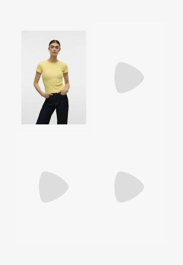 Yellow ribbed t-shirt with short sleeves and a round neckline, paired with dark denim jeans. Simple design, smooth texture.; Wide-leg trousers in a light cream color, made from cotton, featuring a high waist, five pockets, a button fly, and minimal stitching details.; Burgundy patent leather ankle boot with a pointed toe and a slim stiletto heel, featuring a smooth, glossy texture and minimalistic design.; Translucent beige sunglasses with square frames, green tinted lenses, and clear arms. Notable texture on frames; subtle brand detailing on arms.; Gold hoop earrings with a smooth, rounded shape, featuring a polished finish and a secure clasp for easy wear.