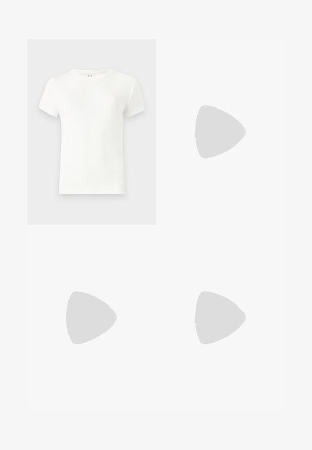 White short-sleeve t-shirt made of ribbed fabric, featuring a classic round neckline and a simple, fitted design. No patterns or accents.; Light blue wide-leg jeans, featuring a faded floral pattern, five pockets, and a button closure at the waist. Denim fabric with slight texture.; Pointed toe slingback heel in a smooth, glossy tan material. Features a curved cutout design and a slender stiletto heel. Silver buckle detail.; Brown leather crossbody bag with a curved shape, gold hardware, and a buckle accent. Features a detachable shoulder strap.