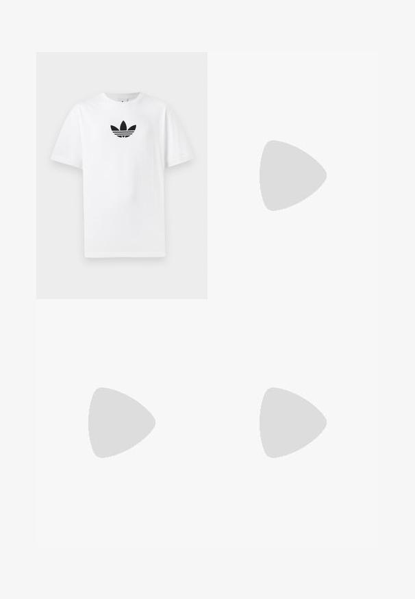 Fehér pamut póló, középen fekete Adidas logóval. Rövid ujjú és kerek nyakú kialakítással. Sima textúra.; Beige vászon nadrág redőkkel, rugalmas derekú, és egy gombos záródással. Egyenes szárú kialakítás, texturált felülettel.; Fekete-fehér tornacipők velúr és bőr felsőrésszel, három fehér csíkkal, perforált orral és gumi talppal.; Fekete anyagú, keresztpántos táska cipzáras záródással, fehér Adidas logóval és csíkos állítható pánttal a könnyű hordozás érdekében.