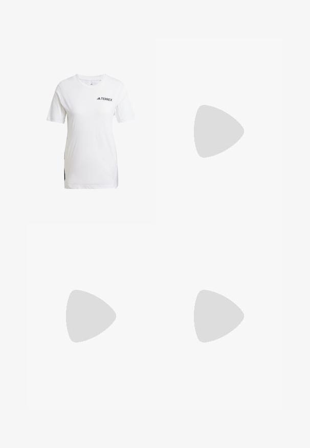 Valkoinen Terrex-urheiluvalkoinen kevyt materiaali, jossa on lyhyet hihat, verkkokangas-yksityiskohdat ja musta logo edessä.; Mustat, kevyet ulkoiluhousut, joissa on joustava vyötärö, sivutaskut ja logo oikeassa yläreunassa. Sujuva, vettä hylkivä kangas.; Valkoiset juoksukengät oransseilla yksityiskohdilla. Verkkomateriaali, pyöreä kärki ja paksu välikerros. "TERREX" painettuna sivupinnalle ja kolme raitaa kannassa.; Violetti nailoninen olkalaukku, jossa on etupuolella läppä, napitettava suljin, säädettävä musta hihna ja punainen logo-patch edessä.