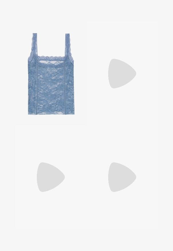 Light blue lace tank top with thin straps, featuring a scalloped lace trim and floral pattern, designed for a fitted silhouette.; Light blue denim jeans with a loose fit, featuring a faded finish, two front pockets, and a button closure at the waistband.; White high-top platform sneakers with laces and silver eyelets, paired with white crew socks, set against a light blue floor.; Small white shoulder bag with a single adjustable strap and a zipper closure, set against a plain white background.