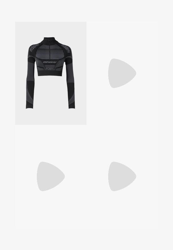 Haut de sport noir court avec manches longues, col montant, demi-fermeture éclair, panneaux texturés et lignes et accents gris contrastants.; Shorts de sport noirs avec une taille élastique, un design superposé, des shorts ajustés à l'intérieur et un logo blanc en bas à gauche.; Ballerines en cuir beige avec un bout en vernis noir brillant. Présentent un petit nœud à l'avant. Semelle plate.; Lunettes de soleil noires en forme d'oeil de chat, fabriquées en plastique, avec des verres foncés et des accents de logo doré sur les branches. Surface lisse, design élégant.