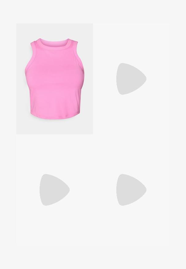 Pink crop top with a high neckline and sleeveless design. Made from smooth, stretchy fabric with no visible patterns or hardware.; Navy blue double-layer sports shorts with elastic waistband and white Nike swoosh logo on front right side.; Running shoe with a lightweight cream upper, blue branding, and orange accents on the sole. Mesh texture for breathability.; White-framed sunglasses with large, gradient lenses featuring a pink to light orange tint, accentuated by a blue nose piece and logo detail.