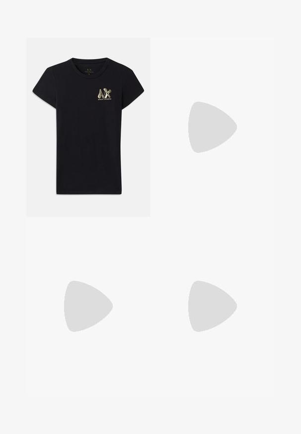 Black cotton T-shirt with short sleeves, featuring a gold logo of "A|X" and "ARMANI EXCHANGE" on the left chest. Standard crew neck design.; Light green linen shorts with an elastic waistband, side pockets, and a relaxed fit. Features a smooth, slightly textured fabric.; Black leather ballet flat with a rounded toe, smooth texture, minimal stitching detail, and a flexible sole design.; Tortoiseshell sunglasses with oval lenses, brown tint, and gold accents on the arms. Thick frames with a glossy finish and smooth texture.