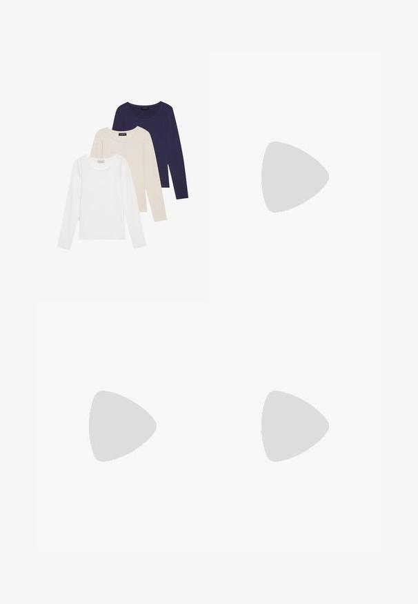 Tri majice dugih rukava: bijela, bež i mornarsko plava. Mekani materijal, okrugli izrez i standardan kroj s glatkom teksturom.; Svijetloplave traperice sa širokim nogavicama i visokim strukom. Imaju dva prednja džepa i kopčanje na dugme u struku.; Nike Sportswear FIELD GENERAL - Tenisice - off-white/black; Smeđe gradient sunčane naočale s prozirnim ružičastim okvirom, kvadratnog oblika i tankim metalnim ručkama. Imaju zaobljene ivice i minimalne detalje.